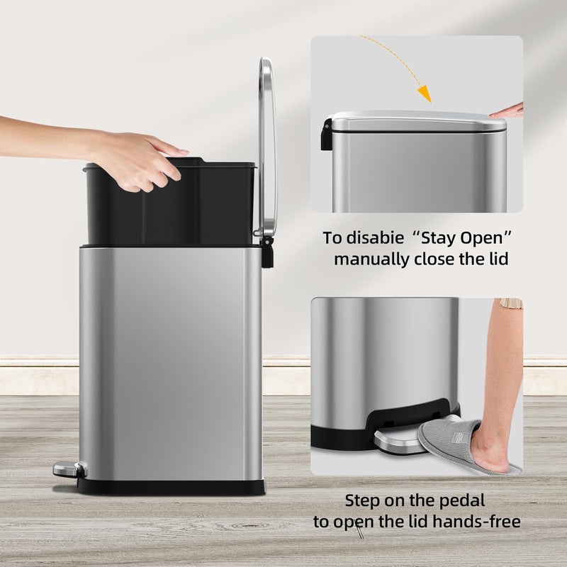 KUK Slim Bathroom Trash Can with Lid, 2.6 Gallon (10 L) Stainless Steel Step Small Garbage Can with Removable Inner Bucket, Soft Close, Anti-Fingerprint Finish (Silver) - Image 5